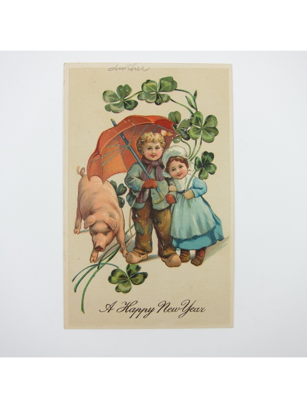 Postcard New Year Boy & Girl Umbrella Pig Four Leaf Clovers Embossed Antique